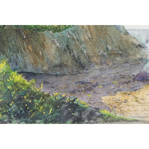 94 - J Leyland, coastal scene, watercolour, signed lower right, 20 x 39.5cm