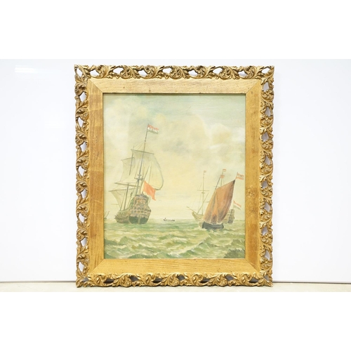 95 - 19th century maritime scene, Man-of-War ships at sea, oil on board, archive stamp verso in Russian, ... 