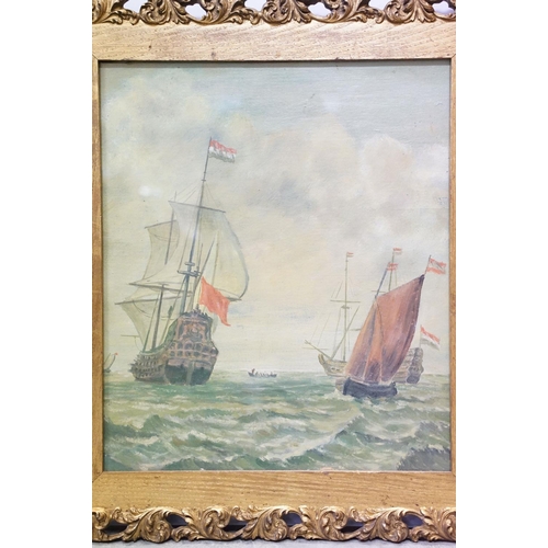 95 - 19th century maritime scene, Man-of-War ships at sea, oil on board, archive stamp verso in Russian, ... 