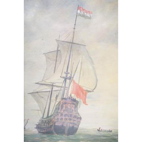 95 - 19th century maritime scene, Man-of-War ships at sea, oil on board, archive stamp verso in Russian, ... 