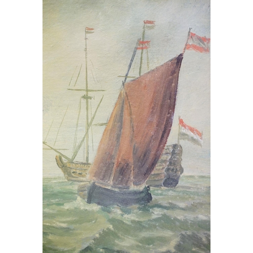 95 - 19th century maritime scene, Man-of-War ships at sea, oil on board, archive stamp verso in Russian, ... 