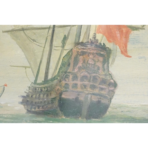 95 - 19th century maritime scene, Man-of-War ships at sea, oil on board, archive stamp verso in Russian, ... 