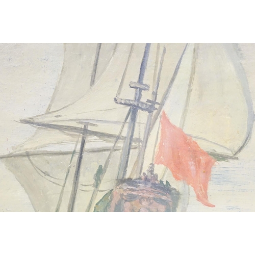 95 - 19th century maritime scene, Man-of-War ships at sea, oil on board, archive stamp verso in Russian, ... 