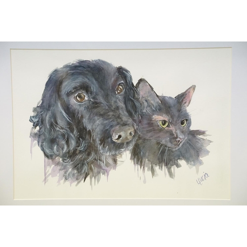 35 - L Lucia, portrait of a dog and cat, watercolour, signed lower right, 20 x 28.5cm together with anoth... 