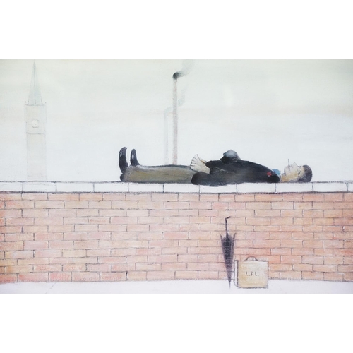 109 - L S Lowry print ' Man lying on Wall 1957 ', 47 x 38cm, framed and glazed