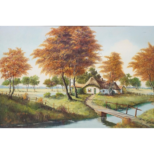 141 - J Test, cottage by a stream, oil on canvas, signed lower left, 60 x 90cm