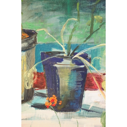 144 - Sternberg, 20th century, oil on board, still life of potted plants in an interior, 59 x 44cm, framed