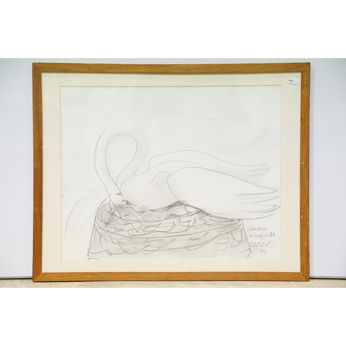 145 - Sven Berlin (British, 1911 - 1999), Swan with Cygnets, pencil, exhibition label verso for Sven in Do... 