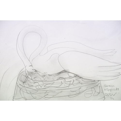 145 - Sven Berlin (British, 1911 - 1999), Swan with Cygnets, pencil, exhibition label verso for Sven in Do... 