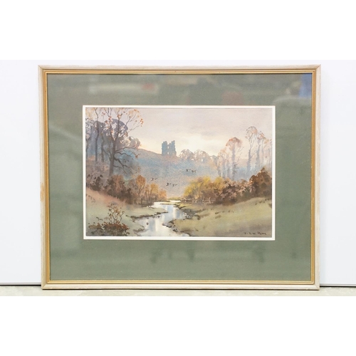 149 - E.J.W Prior, landscape study ruins on a hilltop watercolour, signed lower right, 24.5 x 35.5cm, D Pr... 