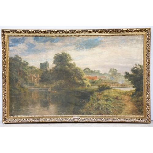 24 - English School, rural river scene with figures and boats on the water, oil on canvas, indistinctly s... 