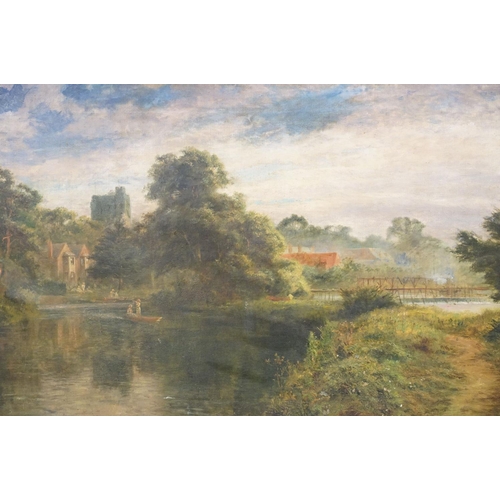 24 - English School, rural river scene with figures and boats on the water, oil on canvas, indistinctly s... 