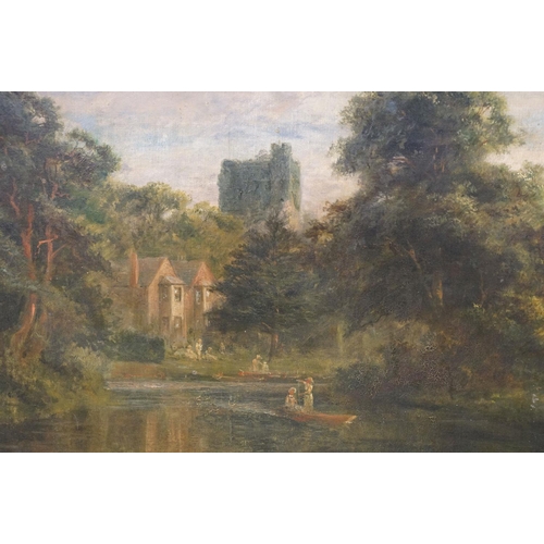 24 - English School, rural river scene with figures and boats on the water, oil on canvas, indistinctly s... 