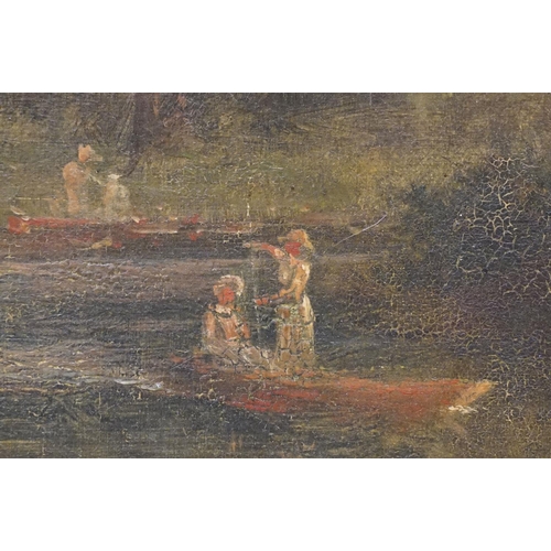 24 - English School, rural river scene with figures and boats on the water, oil on canvas, indistinctly s... 