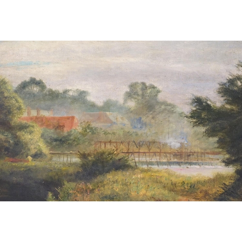 24 - English School, rural river scene with figures and boats on the water, oil on canvas, indistinctly s... 