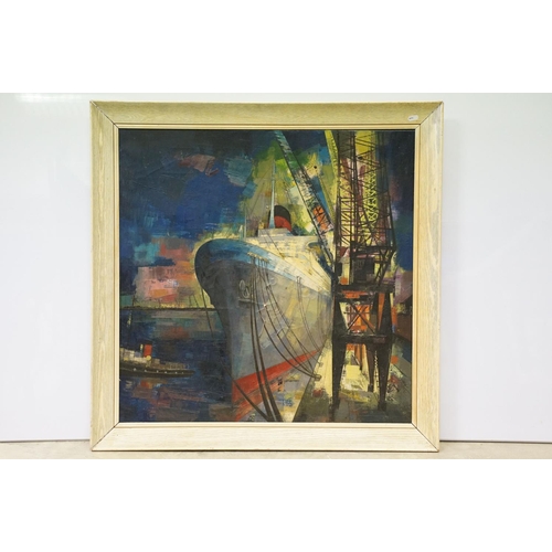 98 - Abstract School, ocean liner in dock, oil on canvas, 75 x 75cm, framed