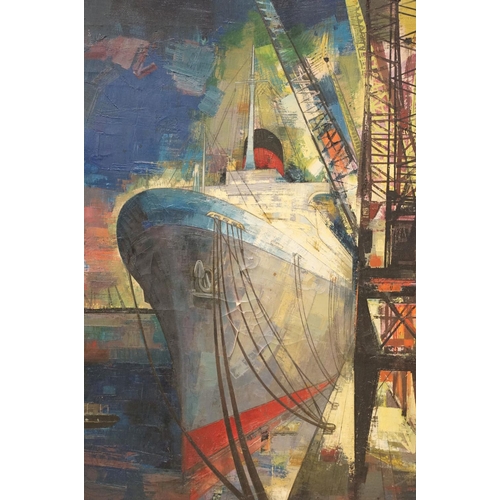 98 - Abstract School, ocean liner in dock, oil on canvas, 75 x 75cm, framed