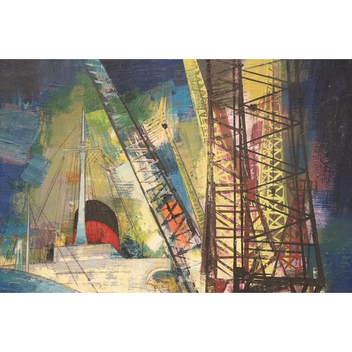 98 - Abstract School, ocean liner in dock, oil on canvas, 75 x 75cm, framed