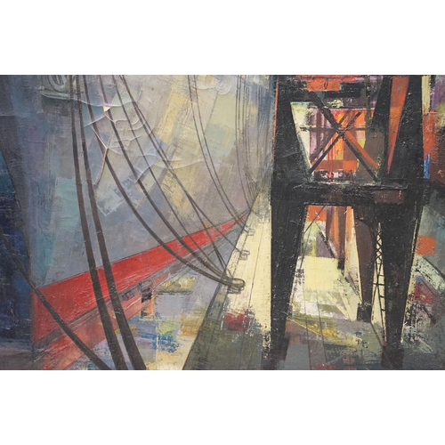 98 - Abstract School, ocean liner in dock, oil on canvas, 75 x 75cm, framed