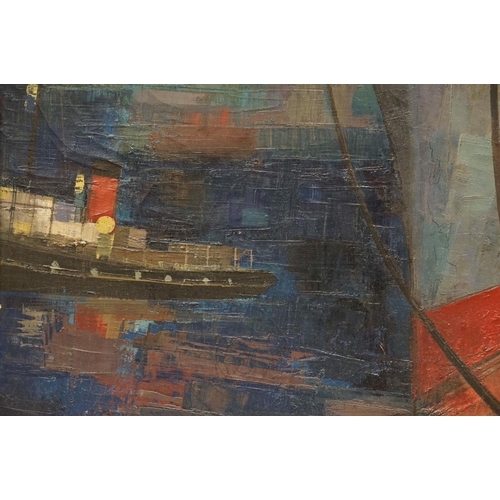 98 - Abstract School, ocean liner in dock, oil on canvas, 75 x 75cm, framed