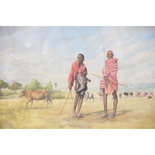 114 - Gilt framed oil painting study of Masai Herdsmen with cattle, 37 x 45cm