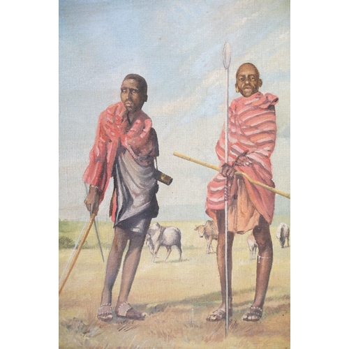 114 - Gilt framed oil painting study of Masai Herdsmen with cattle, 37 x 45cm