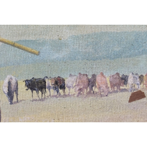 114 - Gilt framed oil painting study of Masai Herdsmen with cattle, 37 x 45cm