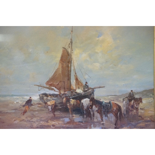 115 - Ornate gilt framed oil painting beach scene with fishing boat and fisher folk with horses, 21 x 31.5... 