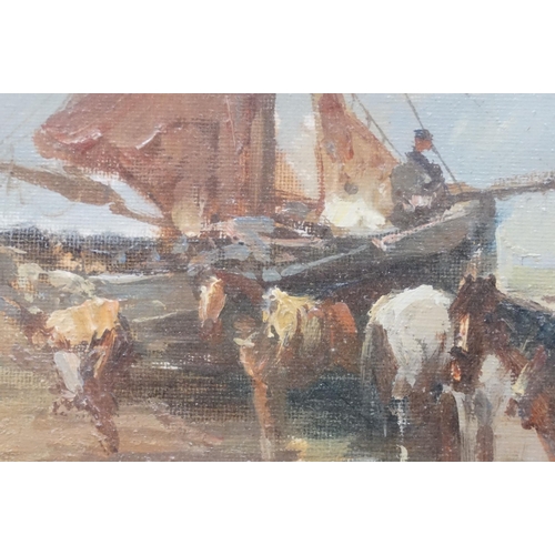 115 - Ornate gilt framed oil painting beach scene with fishing boat and fisher folk with horses, 21 x 31.5... 