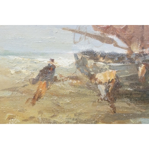 115 - Ornate gilt framed oil painting beach scene with fishing boat and fisher folk with horses, 21 x 31.5... 