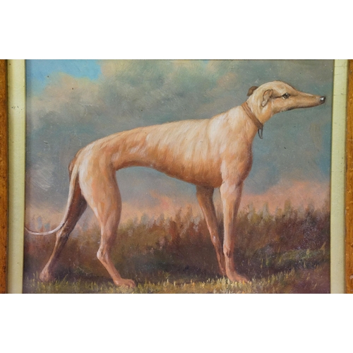 116 - Bird's eye maple framed oil painting of a greyhound on heathland landscape, 18.5 x 22.5cm