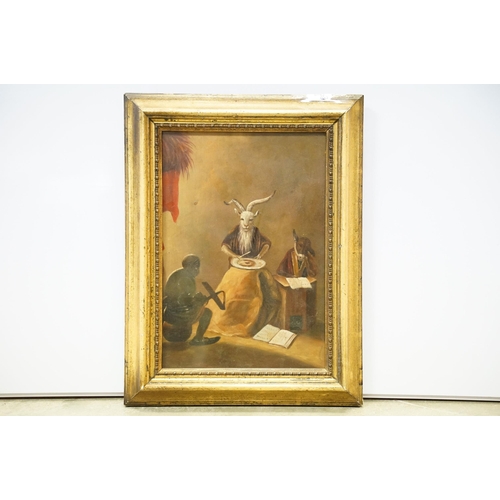 118 - Surrealist scene with a goat, ass and seated figure, oil on board, 24.5 x 16.5cm, gilt framed