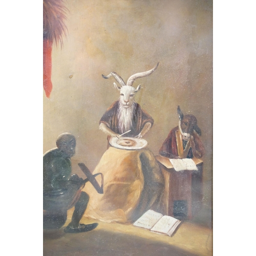 118 - Surrealist scene with a goat, ass and seated figure, oil on board, 24.5 x 16.5cm, gilt framed