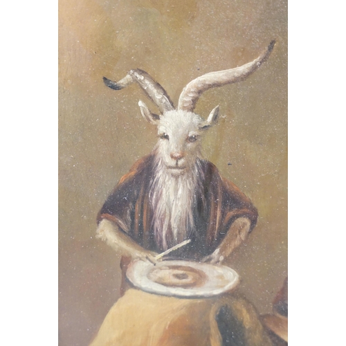 118 - Surrealist scene with a goat, ass and seated figure, oil on board, 24.5 x 16.5cm, gilt framed