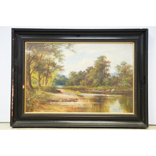 120 - English School, landscape scene with river, oil on canvas, monogrammed indistinctly lower right, 37.... 