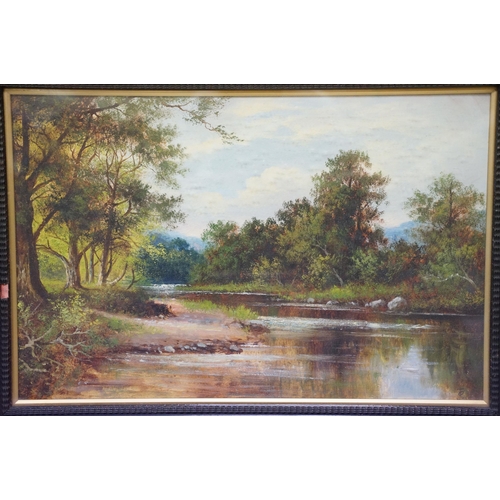 120 - English School, landscape scene with river, oil on canvas, monogrammed indistinctly lower right, 37.... 