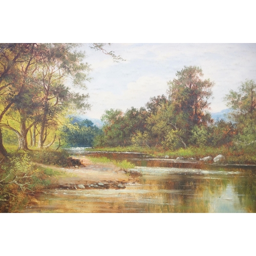 120 - English School, landscape scene with river, oil on canvas, monogrammed indistinctly lower right, 37.... 