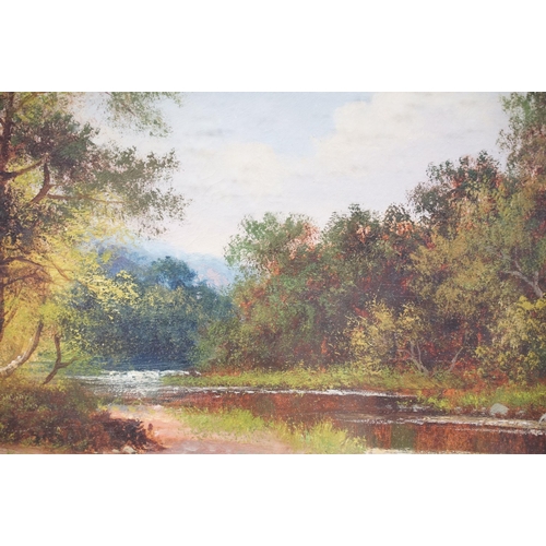 120 - English School, landscape scene with river, oil on canvas, monogrammed indistinctly lower right, 37.... 