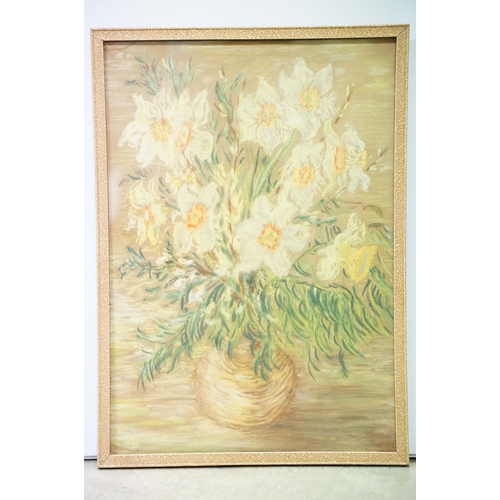 121 - McLoughlin, vase of flowers, oil on board, signed lower right, 40 x 29.5cm and English School, vase ... 