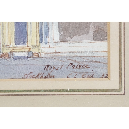 128 - C L Gill, Royal Palace Stockholm, watercolour, signed lower right, inscribed with subject and dated ... 