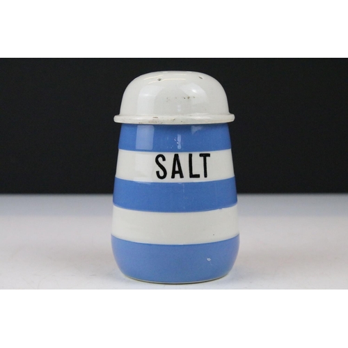 60 - T G Green Cornishware Blue and White ' Salt ' Shaker / Sifter, green shield mark to base, 13cm high