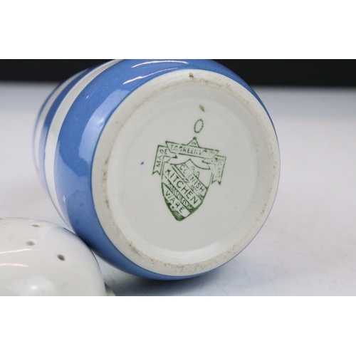 60 - T G Green Cornishware Blue and White ' Salt ' Shaker / Sifter, green shield mark to base, 13cm high
