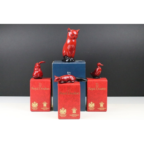 90 - Four boxed Royal Doulton flambé porcelain animals to include Fox (298), Rabbit (113), Duck (395) and... 