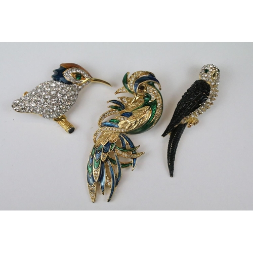 260 - Three Large Costume Jewellery Bird Enamel and Crystal set Brooches in the form of a Parrot, Kingfish... 