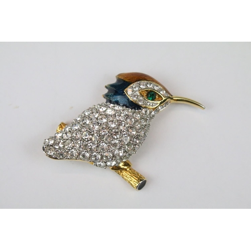 260 - Three Large Costume Jewellery Bird Enamel and Crystal set Brooches in the form of a Parrot, Kingfish... 