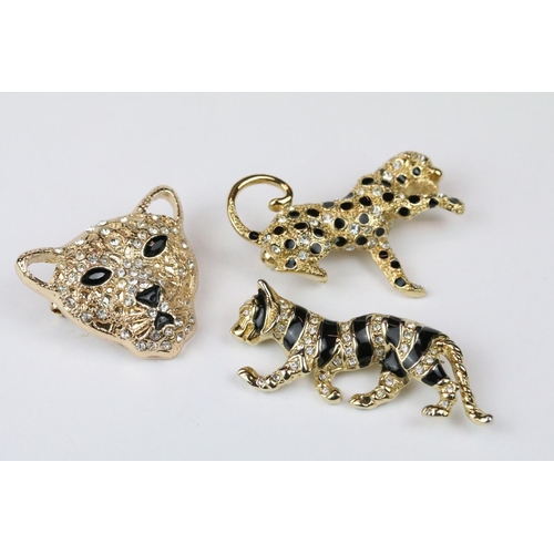 262 - Three Costume Jewellery Enamel and Crystal set Brooches in the form of a Tigers and a Cheetah, large... 
