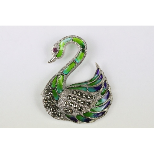 271 - Silver and plique a jour swan brooch with ruby eye