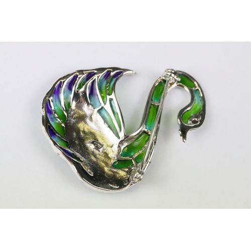 271 - Silver and plique a jour swan brooch with ruby eye