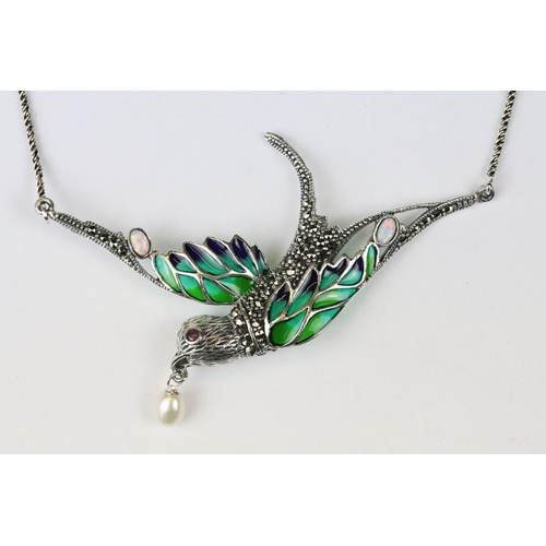 273 - Silver marcastie and plique a jour necklace with opal babachons