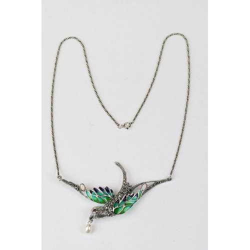 273 - Silver marcastie and plique a jour necklace with opal babachons